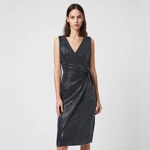 NWT AllSaints Allegra Wrap Shimmer Dress V-Neck Midi Length Size 8 $260